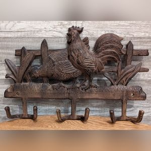 Vintage Cast Iron Wall Hook Decor - Roosters - 13" × 9"